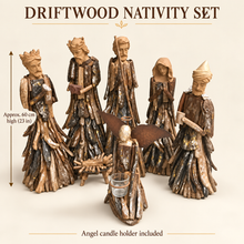 60 cm Handmade Driftwood Nativity Set with Angel Candle Holder – Rustic Christmas Holy Family Decoration
