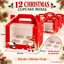 12pcs Gift for Her/Him Christmas New Handle Box 4-Cavity/Holes Transparent PVC Window Muffin, Colorful & Firm Gift Box Packaging for Parties, Family, Friends, Colleague Activities, Weddings, Christmas Trees, Classrooms, Party Favors, Art & Craft, 4 hole