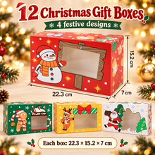 Christmas Cookie Gift Bakery Boxes 12PCS | Red, Green, White & Yellow Holiday Treat Boxes 22.3 x 15.2 x 7cm | Christmas Gift Packaging