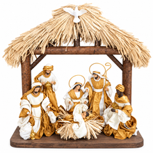 🎄 Gold Christmas Nativity Set in Driftwood Stable – 50cm Approx Handmade Holy Family Scene, Religious Christian Christmas Home Decor & Holiday Gift ✨