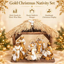 🎄 Gold Christmas Nativity Set in Driftwood Stable – 50cm Approx Handmade Holy Family Scene, Religious Christian Christmas Home Decor & Holiday Gift ✨