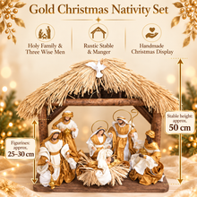 🎄 Gold Christmas Nativity Set in Driftwood Stable – 50cm Approx Handmade Holy Family Scene, Religious Christian Christmas Home Decor & Holiday Gift ✨