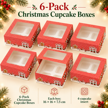 6-Pack Christmas Cupcake Bakery Boxes – Festive Holiday Gift Boxes 16x16x7.5cm.
