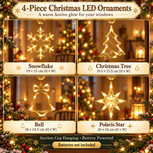 PRE ORDER 4pcs, Christmas Hanging Suction Cup LED Ornaments, Party Packs, Christmas Decorations, Polaris Snowflake Tree Bell Shaped String Lights, Window, Curtain, Battery Powered, Party Decorations, Christmas Lights, (Battery Not Included)