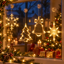 PRE ORDER 4pcs, Christmas Hanging Suction Cup LED Ornaments, Party Packs, Christmas Decorations, Polaris Snowflake Tree Bell Shaped String Lights, Window, Curtain, Battery Powered, Party Decorations, Christmas Lights, (Battery Not Included)