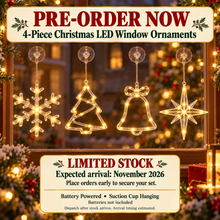 PRE ORDER 4pcs, Christmas Hanging Suction Cup LED Ornaments, Party Packs, Christmas Decorations, Polaris Snowflake Tree Bell Shaped String Lights, Window, Curtain, Battery Powered, Party Decorations, Christmas Lights, (Battery Not Included)