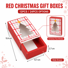 12/24PCS Red Christmas Gift Boxes with Tree Window – Plaid Slide-Drawer Treat, Cookie and Chocolate Packaging