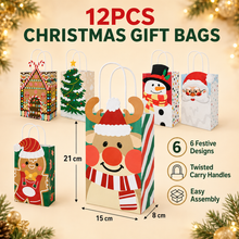 12 Christmas gift bags with handles, large capacity and thick texture, with holiday Santa Claus, reindeer and snowman patterns, high value packaging, Christmas gift first choice, suitable for party gift bags