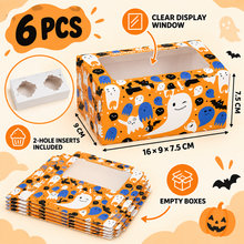 6PCS Halloween 2-Hole Cupcake Boxes with Clear Windows & Inserts – Orange Ghost Treat and Bakery Gift Boxes