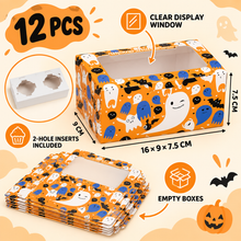 12PCS Halloween 2-Hole Cupcake Boxes with Clear Windows & Inserts – Orange Ghost Treat and Bakery Gift Boxes