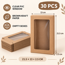 30pcs Kraft Paper Gift Boxes with PVC Window BROWN Bakery Packaging Carton ( Size 21.5 x 13 x 2.5 cm )