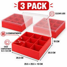 3PCS Red 9-Compartment Gift Boxes with Clear Lids & Ribbons – 29.5cm Charcuterie, Cookie, Dessert and Treat Boxes