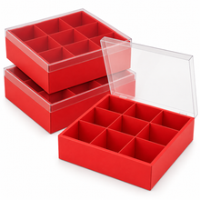 3PCS Red 9-Compartment Gift Boxes with Clear Lids & Ribbons – 29.5cm Charcuterie, Cookie, Dessert and Treat Boxes