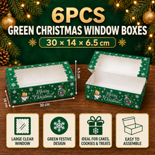 6 Pack Green Christmas Bakery Boxes with Clear Windows – 30 × 14 × 6.5 cm Cookie, Cake & Treat Gift Boxes