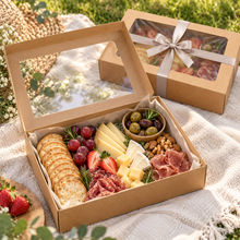 6 Pack Large Kraft Grazing Boxes with Clear Window Lids & Ribbons – 27 × 16.5 × 6 cm Charcuterie, Bakery & Gift Packaging