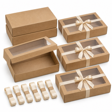 6 Pack Large Kraft Grazing Boxes with Clear Window Lids & Ribbons – 27 × 16.5 × 6 cm Charcuterie, Bakery & Gift Packaging