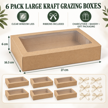6 Pack Large Kraft Grazing Boxes with Clear Window Lids & Ribbons – 27 × 16.5 × 6 cm Charcuterie, Bakery & Gift Packaging