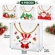 4 Pack Christmas Clear PVC Gift Bags with Gold Rope Handles – 14 × 14 × 7 cm Festive Cookie, Candy & Treat Packaging