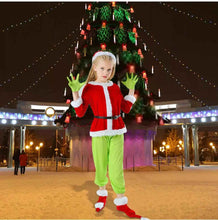 Green Children's Christmas Elf Set, with Monster Trousers, Traditional Christmas Party Role Playing Costume Includes: Hat + Top + Pants + Belt + Gloves + Foot Covers