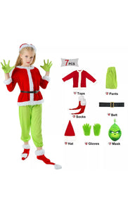 Children Grinch Suit Costume Play Mask Xmas Santa Outfit Dress Hat 7 pcs  size S Santas Workshop Direct