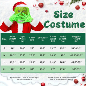 Children Grinch Suit Costume Play Mask Xmas Santa Outfit Dress Hat 7 pcs  size S Santas Workshop Direct