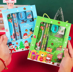 Christmas Red Children’s Stationery 6pcs set Pencil sharpener Eraser Ruler set gift for kids Santas Workshop Direct