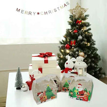 12pcs mixed color Christmas gift box, size 17.1 x 16 x9.7 cm Christmas Eve gift bag, white cardboard box, holiday party gift, with handle lid cloth paper box suitable for home school holiday, 4 designs