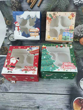 4 hole cupcake bakery box Christmas Themed (Blue, beige Red & Green) cupcake bakery Box 12pcs