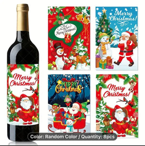 Christmas theme wine bottle labels x 8 pcs Santas Workshop Direct