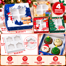 12PCS Christmas Cupcake Gift Boxes – 4-Hole Clear Window Bakery Boxes with White Inserts | Santa, Snowman, Reindeer & Christmas Tree Designs