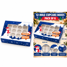 6PCS Blue Christmas 12-Hole Cupcake Boxes – 32.6 × 25.1 × 9cm | Snowman Window Bakery Gift Boxes for Cupcakes, Cookies & Festive Treats