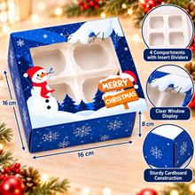 12PCS Blue Christmas Gift Boxes with 4 Compartments – 16×16×8cm Snowman Window Bakery Boxes with Dividers for Cookies, Chocolates, Candy & Festive Treats