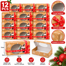 12pcs Kraft Christmas Gift Boxes with Clear Window, Paper Containers with Ribbons, Festive Snowflake Design For Holiday Packaging