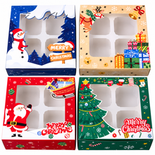 12PCS Christmas Cupcake Gift Boxes – 4-Hole Clear Window Bakery Boxes with White Inserts | Santa, Snowman, Reindeer & Christmas Tree Designs