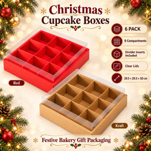 Christmas Cupcake Box 9 Grid KRAFT Bakery Gift Boxes 6PCS | 29.5 x 29.5 x 10cm Cupcake Carrier with Insert | Holiday Gift Packaging