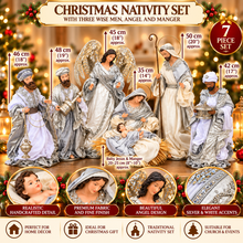 Large Silver & White Christmas Nativity Set 35–50cm with Holy Family, Manger & 45cm Standing Angel – Premium Religious Christmas Décor