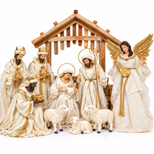 Large Christmas Nativity Set with 21.5" Stable, 14" Holy Family, 15.75" Three Wise Men & 14.5" Gold Winged Angel – White & Gold Religious Manger Scene