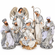 Large Silver & White Christmas Nativity Set 35–50cm with Holy Family, Manger & 45cm Standing Angel – Premium Religious Christmas Décor