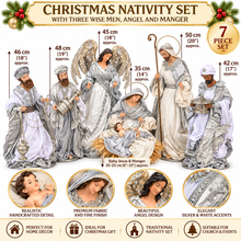 Large Silver & White Christmas Nativity Set 35–50cm with Holy Family, Manger & 45cm Standing Angel – Premium Religious Christmas Décor