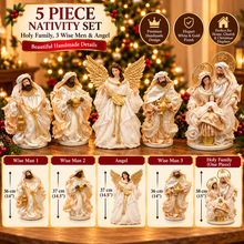 38cm Luxury Handmade Christmas Nativity Set – 5 Pieces, Holy Family, 3 Wise Men & 37cm Gold Winged Angel | Premium White & Gold Religious Christmas Decorations