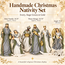 PRE ORDER 25.75″ Holy Family & Three Kings with 19.5″ Angel Handmade Nativity Set – Large Ivory, Sage Green & Gold Christmas Display
