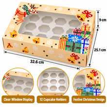 6PCS Christmas Cupcake Boxes with Window – 12-Hole Beige Bakery Gift Boxes for Cookies, Cakes & Holiday Treats, 32.6 × 25.1 × 9cm
