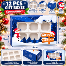 12PCS Blue Christmas Gift Boxes with 6 Compartments – 24 × 16 × 7.5cm Snowman Window Bakery Boxes for Cookies, Candy, Chocolates & Holiday Party Favours