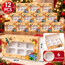 12PCS Christmas Gift Boxes with 6 Compartments & Clear Window – 24 × 16 × 7.5cm | Reindeer Holiday Cookie, Chocolate, Candy & Treat Packaging Boxes