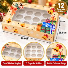 6PCS Christmas Cupcake Boxes with Window – 12-Hole Beige Bakery Gift Boxes for Cookies, Cakes & Holiday Treats, 32.6 × 25.1 × 9cm