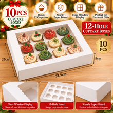 10PCS White 12-Hole Cupcake Boxes with Clear Window & Inserts – Large Bakery Packaging Boxes 32.5 × 25 × 9cm for Cupcakes, Muffins, Weddings & Parties