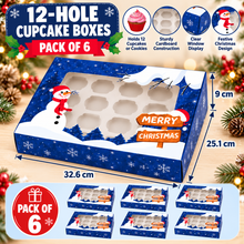 6PCS Blue Christmas 12-Hole Cupcake Boxes – 32.6 × 25.1 × 9cm | Snowman Window Bakery Gift Boxes for Cupcakes, Cookies & Festive Treats