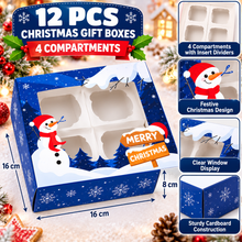 12PCS Blue Christmas Gift Boxes with 4 Compartments – 16×16×8cm Snowman Window Bakery Boxes with Dividers for Cookies, Chocolates, Candy & Festive Treats