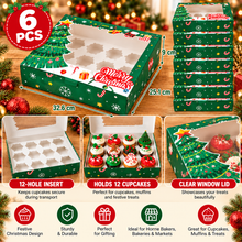 6PCS Green Christmas 12-Hole Cupcake Bakery Boxes – Holds 12 Cupcakes | Festive Gift Packaging