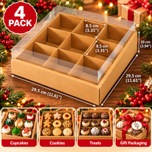 4PCS 9-Grid Kraft Bakery Gift Boxes – 29.5 × 29.5 × 10cm | Cupcake, Cookie & Treat Boxes with Insert | Christmas & Holiday Gift Packaging